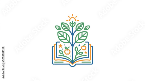 Open book with plant growing from pages and sun above.