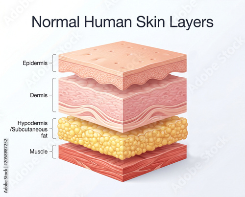 Crosssection of normal human skin layers showing epidermis, dermis, hypodermis and muscle isolated on white background