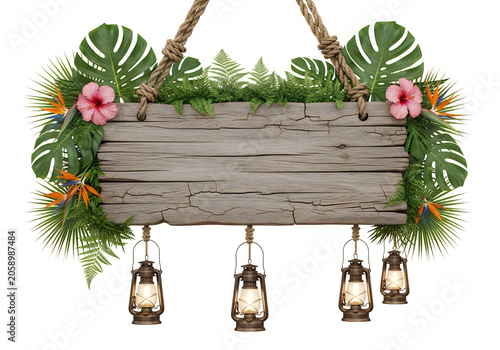 Wooden sign hanging with tropical leaves and lanterns isolated on white background