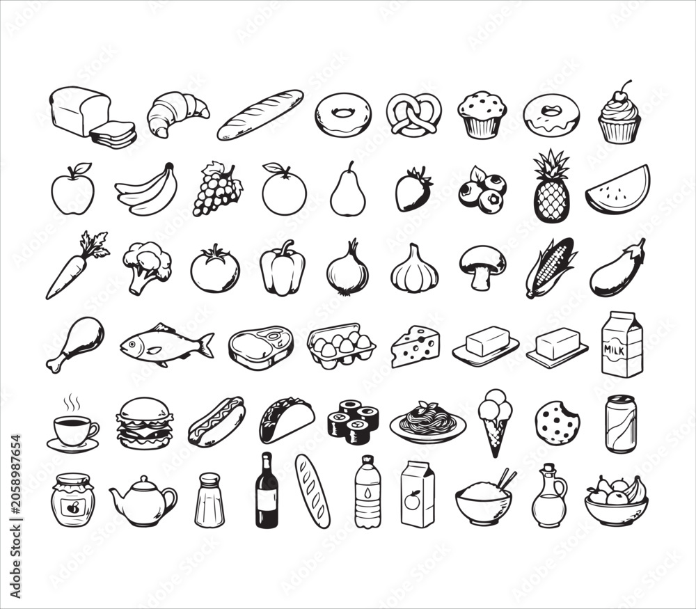 Fototapeta premium Black and white illustrations of various food and drink items on white background