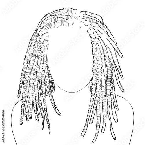 A black and white line drawing of dreadlocks flowing down from a circular head shape