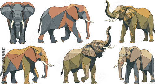 Photography Low Poly Elephant Collection Featuring Geometric Wildlife Animals in Polygonal S