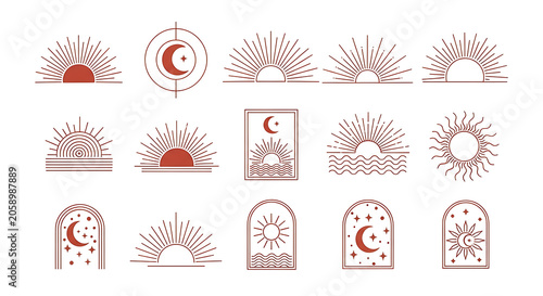 Collection of minimalist celestial sun and moon symbols with celestial mystical astrology esoteric spiritual sunburst crescent minimalist geometric ornament