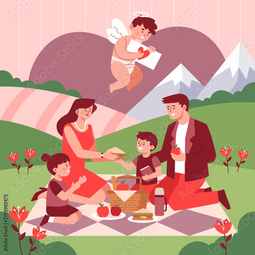 Family Sharing Digital Content During Outdoor Picnic Under Sunny Sky