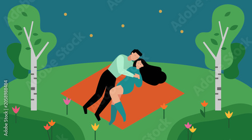 Couple Enjoying Outdoor Moment Glued to Smartphone Under Starlit Sky