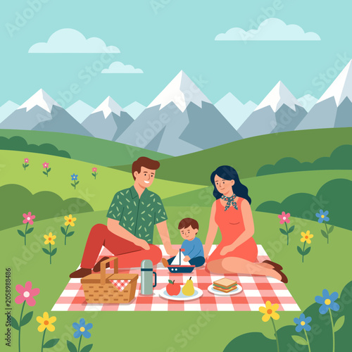 Family Enjoying Picnic With Smartphone In Scenic Mountain Meadow