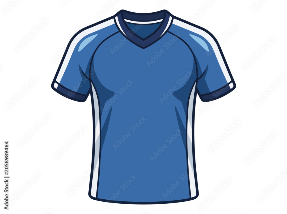 Naklejka premium A modern cartoon vector illustration shows a blue sports t-shirt with white stripes on the sides and sleeves.