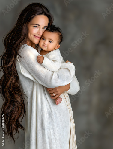 A mother with long black hair tenderly holds her baby against her.