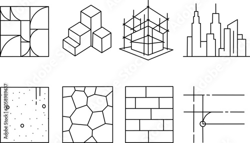 Architecture element icon set for building construction. Minimalist outline style