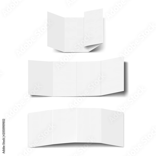 White blank double gate fold brochure. Realistic vector mockup. Four panel 8 page gatefold card front, back layout. Mock-up. Template for design