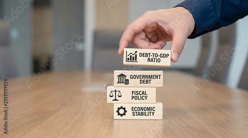 Hand stacking wooden blocks with economic terms debt to gdp ratio government debt fiscal policy and economic stability concepts