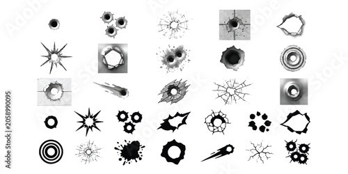 фотографія Set of bullet holes and cracks icons in black and white style