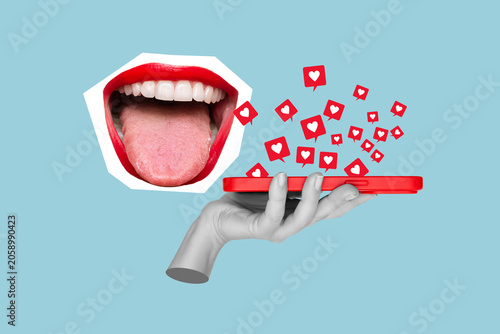 Contemporary art collage with open red lips, gray statue hand holding red smartphone and floating like icons isolated on a blue background. Creative social media concept with bold pop aesthetic