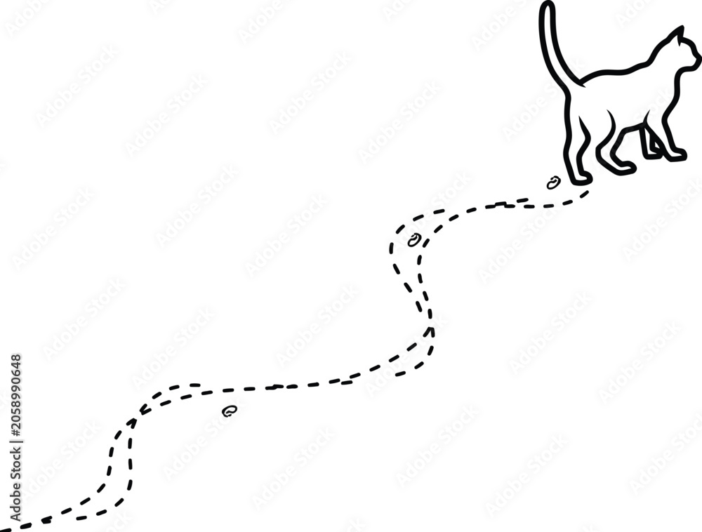 Fototapeta premium Cat walking leaving a trail of paw prints illustration with footsteps minimalist monochrome movement