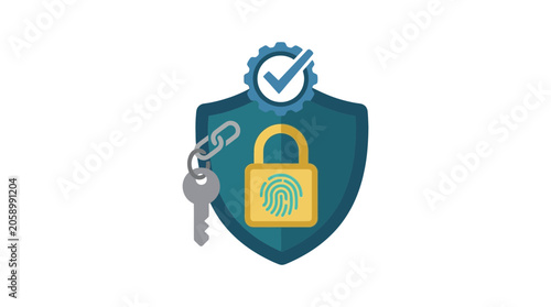 Digital Security Concept: Fingerprint Padlock, Key, Shield, and Checkmark