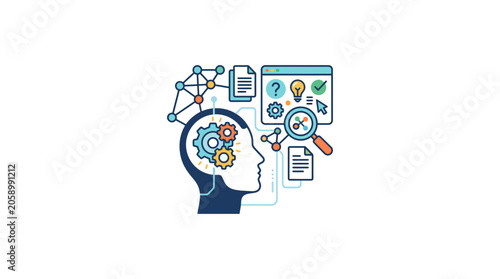 Artificial intelligence concept, brain with gears, data analysis, and digital network