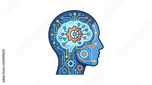 Artificial Intelligence Head Outline with Circuits and Gears - AI Brain Concept
