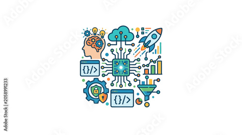 Artificial Intelligence and Machine Learning Concept with Brain, Chip, Rocket, Cloud and Code