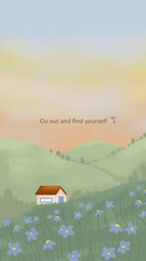 Fotobehang Beige Illustration wallpaper of mountain scenery, flower garden and small house  © anria