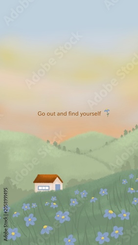 Cuadro en lienzo Illustration wallpaper of mountain scenery, flower garden and small house