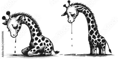 Obraz na płótnie Silent sorrow giraffe cry sadness line art drawing ink sketch vector hand drawn