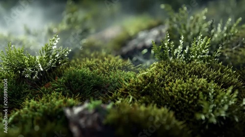 Lush green moss covering rocks in a tranquil forest setting.