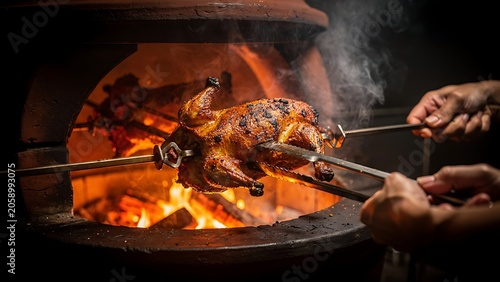 Sizzling grilled steak with flames and smoke on black grill.