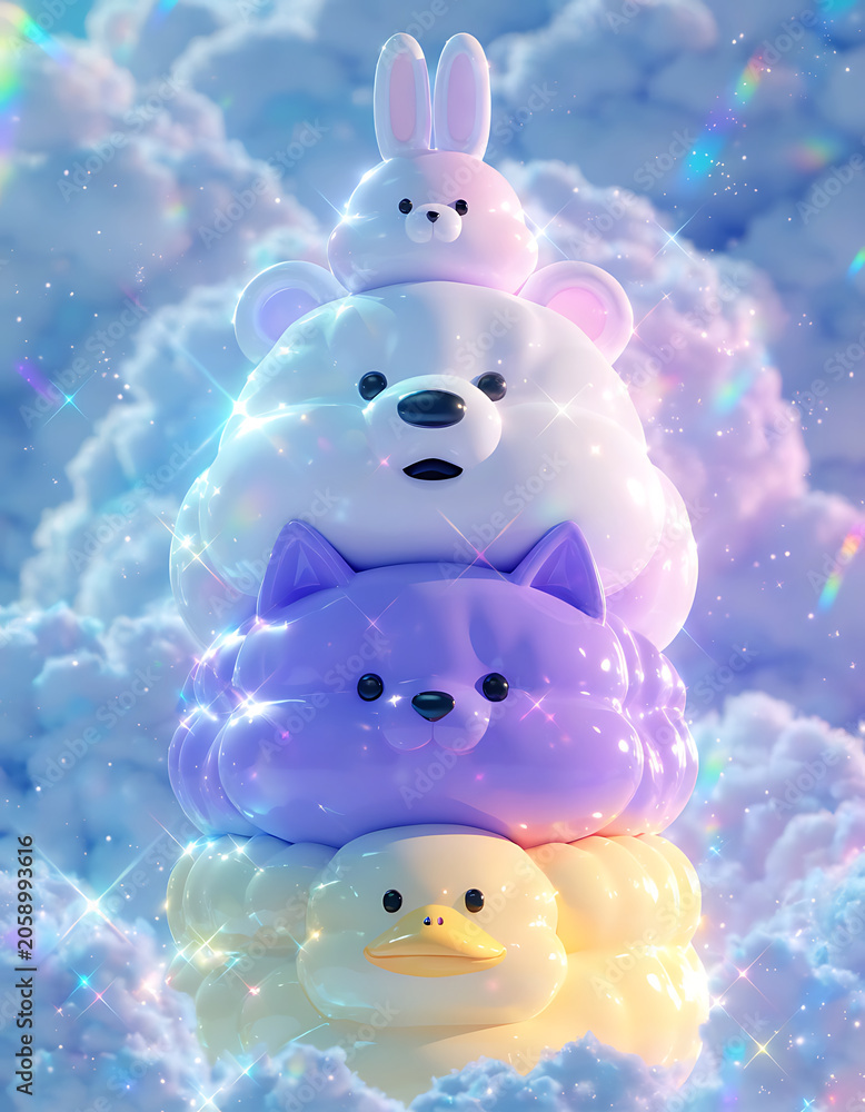 Obraz premium Cute pyramid of funny round animals in the clouds. Bright toys duck, cat, bear and bunny in kawaii style
