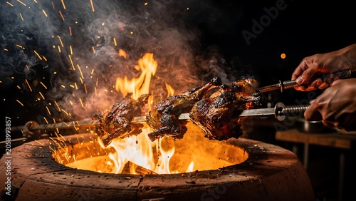 Sizzling meat and vegetables on grill flames.