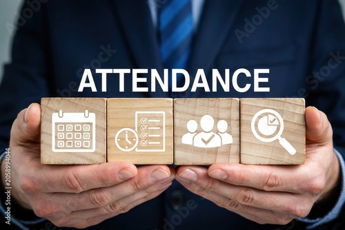 Businessman holding wooden blocks with attendance icons representing time tracking, employee management, and data analysis