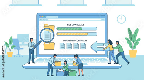 Employees manage digital file downloads and store important contracts on a large laptop computer screen in this modern office workspace.