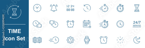 Time and Clock linear icons set. Timer, watch, speed, calendar, alarm clock, representing clock, schedule, deadline, Sand hourglass, date and time management, planning concepts. Editable stroke.  