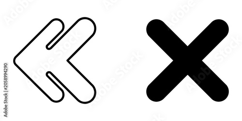 Navigation back and close action vector icons with backward navigation interface application direction previous interaction