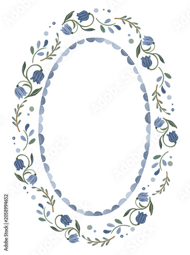 Dusty Blue Floral Decorative Frame | Hand Painted Botanical Border Illustration