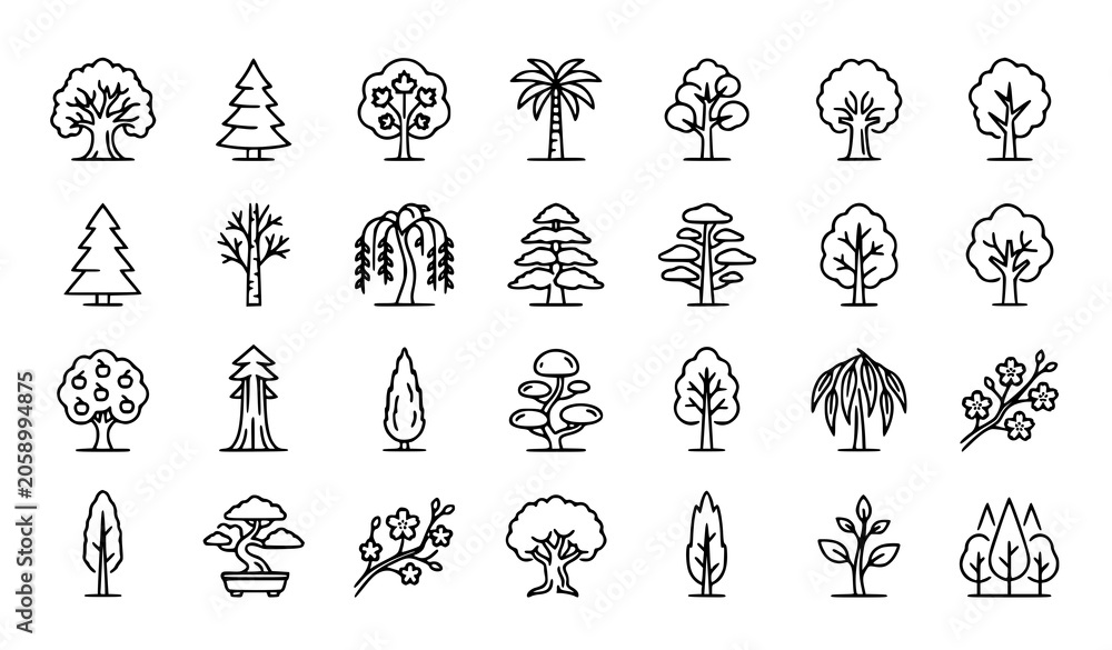 Fototapeta premium Trees Thin Line Icon Set With Forest Park And Garden Nature Symbols