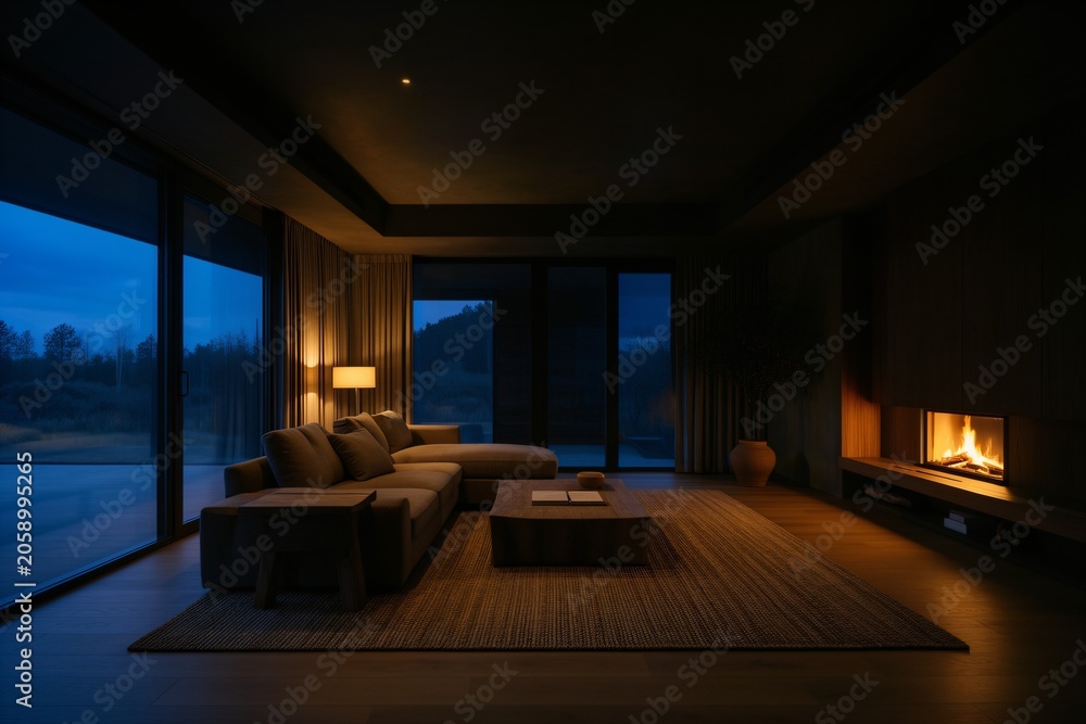 Fototapeta premium Minimalist living room with fireplace and blue hour exterior view