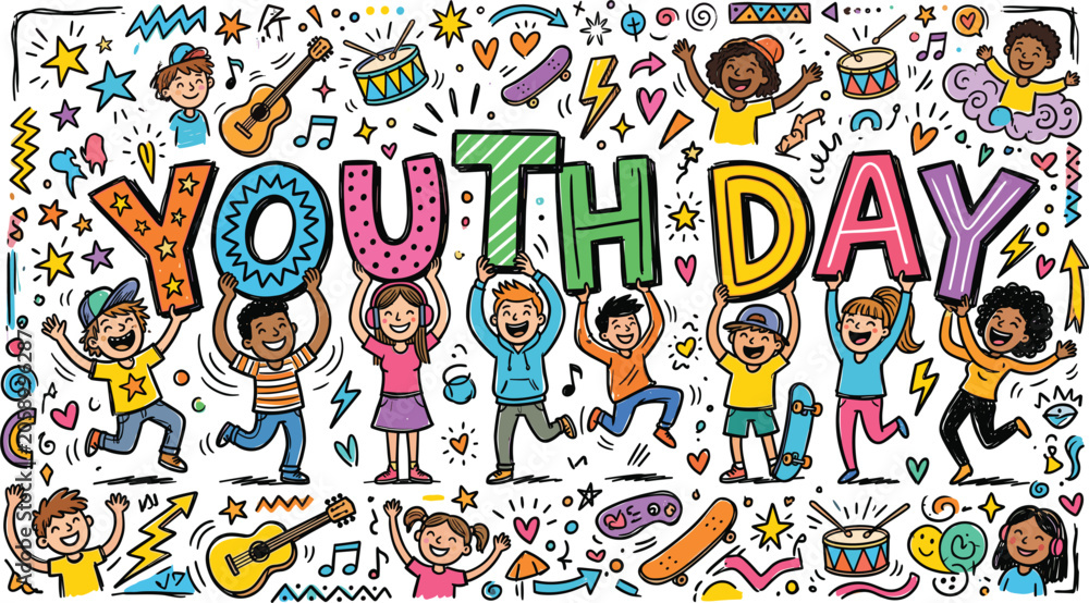 Obraz premium Youth Day Illustration with Diverse Kids Holding Colorful Letters and Celebrating with Music and Skateboard Icons for Campaign Design