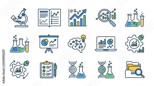 Collection of Scientific Research and Data Analysis Icons.