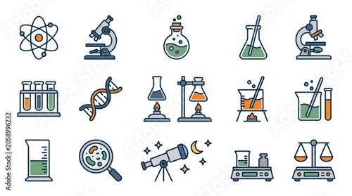 Collection of Scientific Research and Laboratory Equipment Icons.