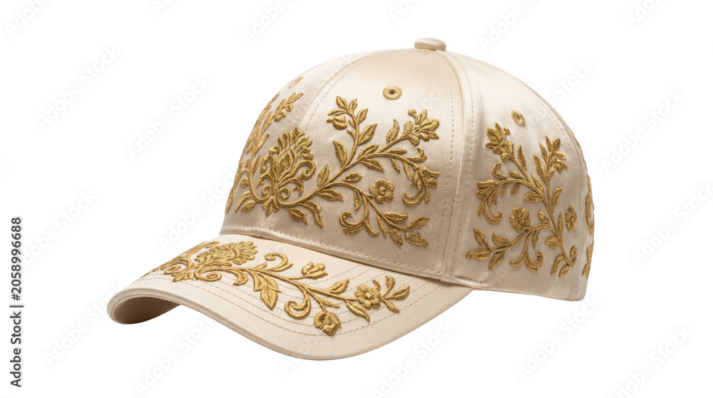 Fototapeta premium Luxury cream baseball cap with gold floral embroidery, elegant satin headwear with ornate botanical patterns, premium fashion accessory for summer
