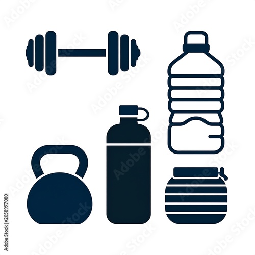 A set of fitness icons including a dumbbell, kettlebell, water bottle, and protein shaker