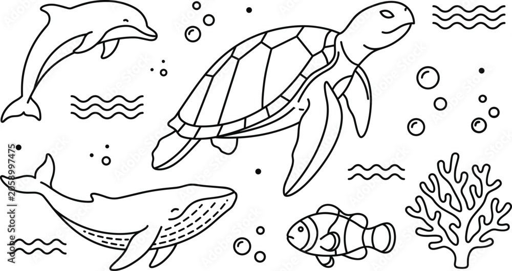 Fototapeta premium Sea animals outline vector icons set with turtle whale dolphin clownfish coral reef and bubbles elements