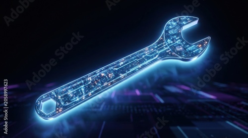 Digital wrench icon floating over dark circuit board background representing technical fix.