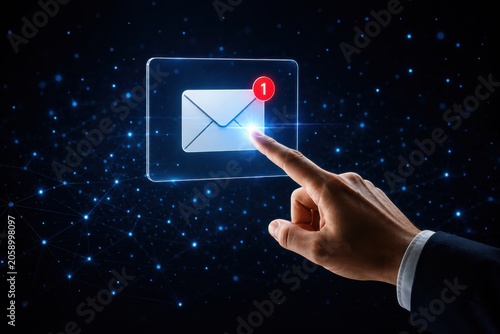 Hand touching digital email notification icon with glowing effect.