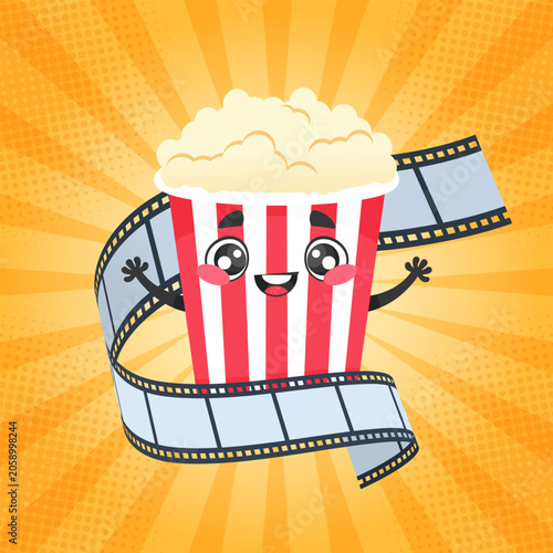 Popcorn character wrapped in a filmstrip. Mascot popcorn bucket, cinema concept, pop art background. Vector illustration