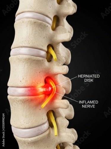 Herniated disk with inflamed nerve causing pain in spinal column.