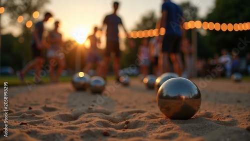 Group of people playing petanque with metallic balls on sandy court during sunset, illuminated by string lights in a park setting
