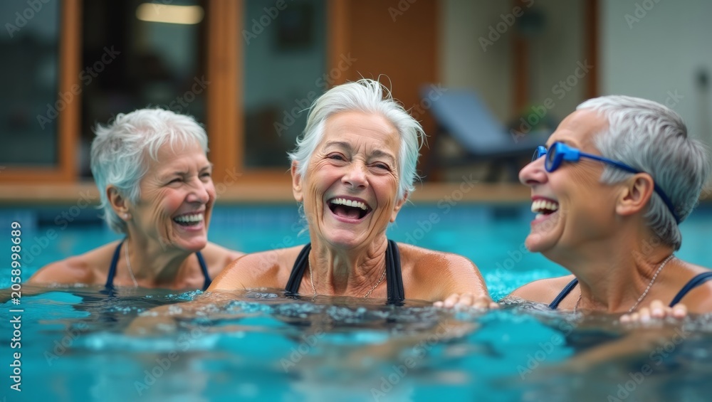 Fototapeta premium Three senior women with gray hair laughing and enjoying time together in a swimming pool, surrounded by a modern home and outdoor lounge chairs in the background