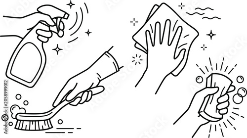 Schilderij op canvas Cleaning service outline vector icons set with hand holding spray bottle brush r