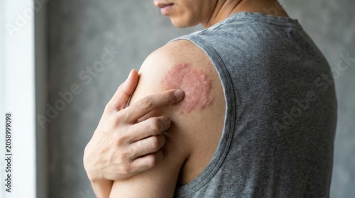 Person pointing finger at red inflammatory skin rash on shoulder due to ringworm fungus.